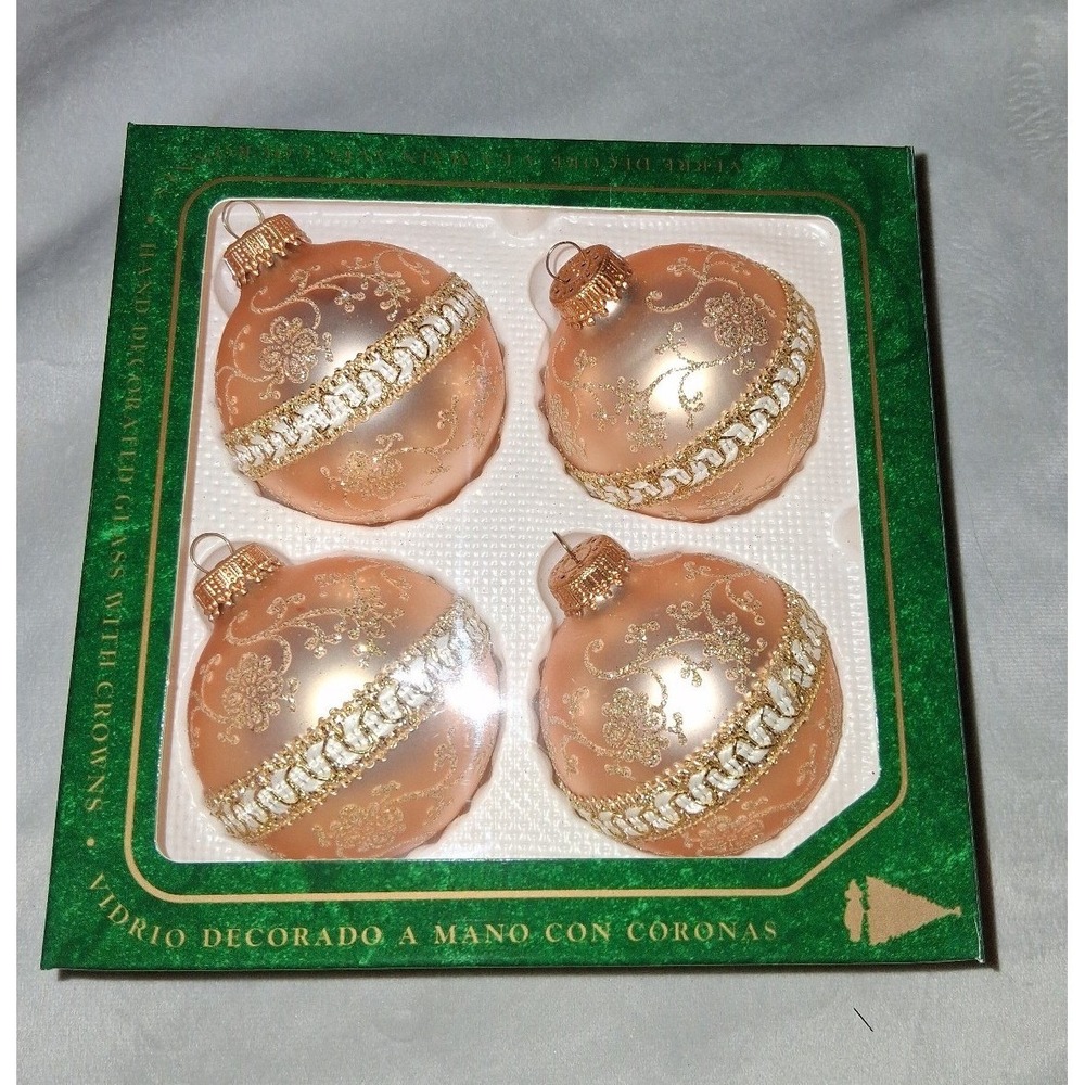 Christmas by Krebs Glass Ornaments Set of 4 Peach Gold Glitter Made USA Boxed